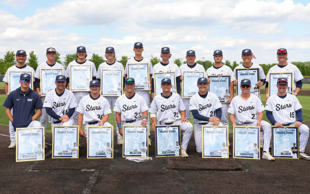 UIS baseball senior class pictured on field in uniform with their senior gifts
