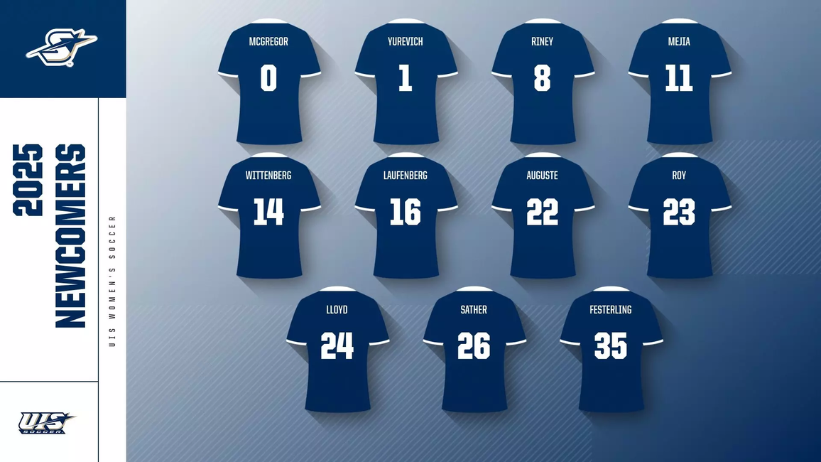 UIS Women's Soccer 2025 Newcomers. 0 McGregor. 1 Yurevich. 8 Riney. 11 Mejia. 14 Wittenberg. 16 Laufenberg. 22 Auguste. 23 Roy. 24 Lloyd. 26 Sather. 35 Festerling