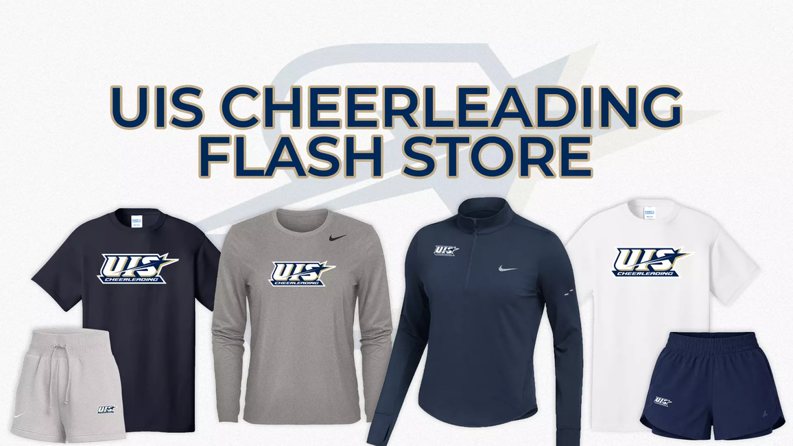 UIS Cheerleading Flash Store graphic. Assorted Prairie Stars gear in blue, white, and gray. 