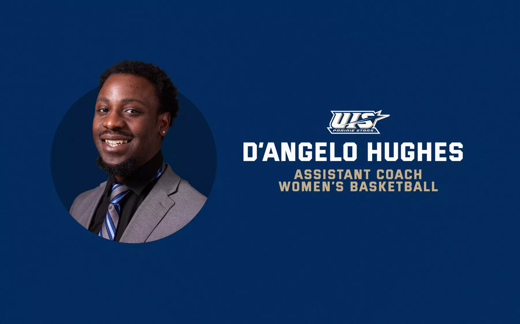 D'Angelo hughes. Women's Basketball Assistant Coach. Headshot & UIS Athletics logo