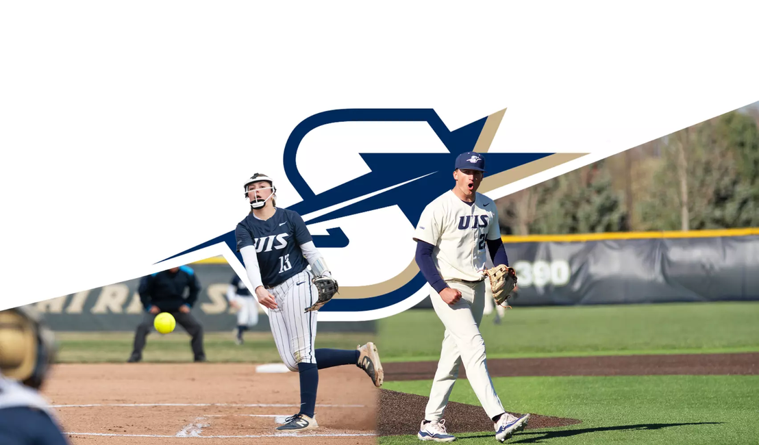 First pitch graphic featuring secondary UIS Athletics logo along with photos of Alexis Carroll and Adam Lindsey