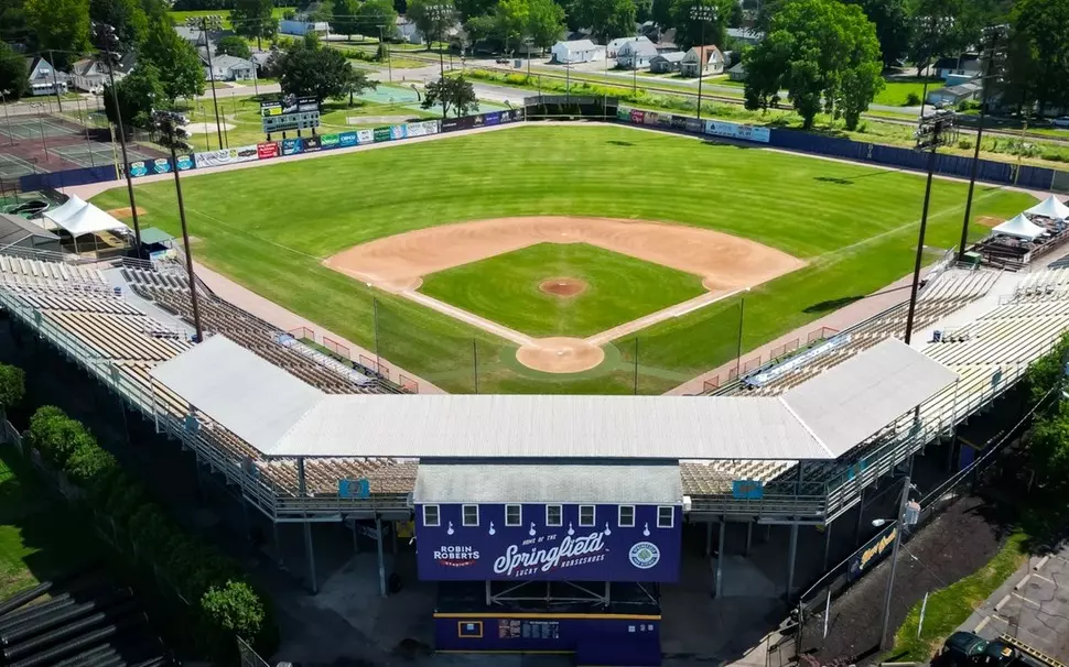 A photo of Robin Roberts Stadium in Springfield, featuring baseball field and press box