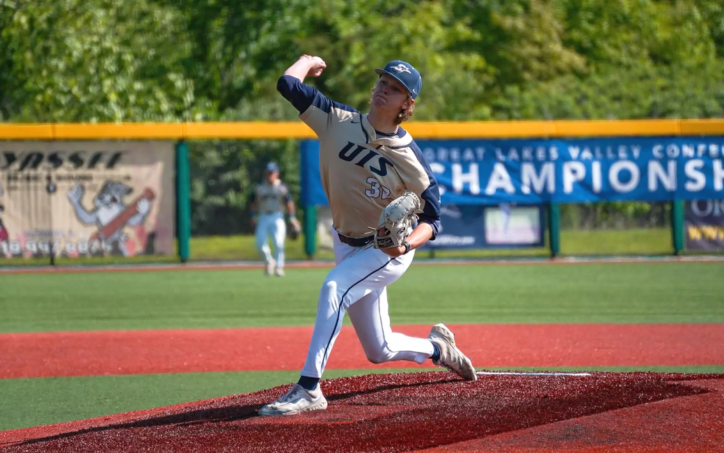 Mark DeCicco pitching in GLVC tournament