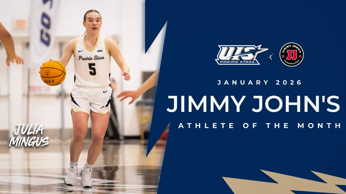 Julia Mingus playing basketball. The text: January 2026 Jimmy John's Athlete of the Month. Julia Mingus