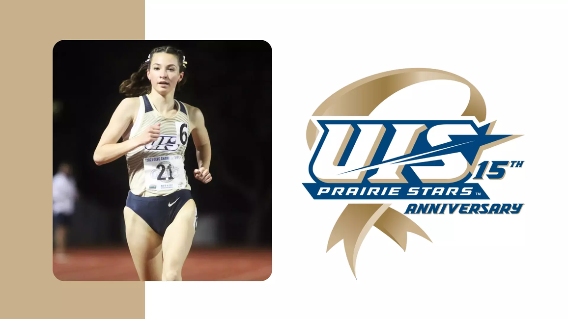 A photo of Taryn Christy running track, paired with the UIS Athletics 15 Years of NCAA DII logo