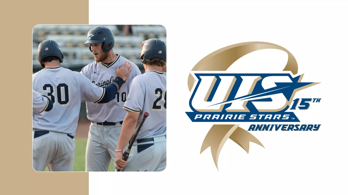 UIS Baseball athletes celebrate, photo accompanied with UIS 15 Years of NCAA DII Anniversary logo
