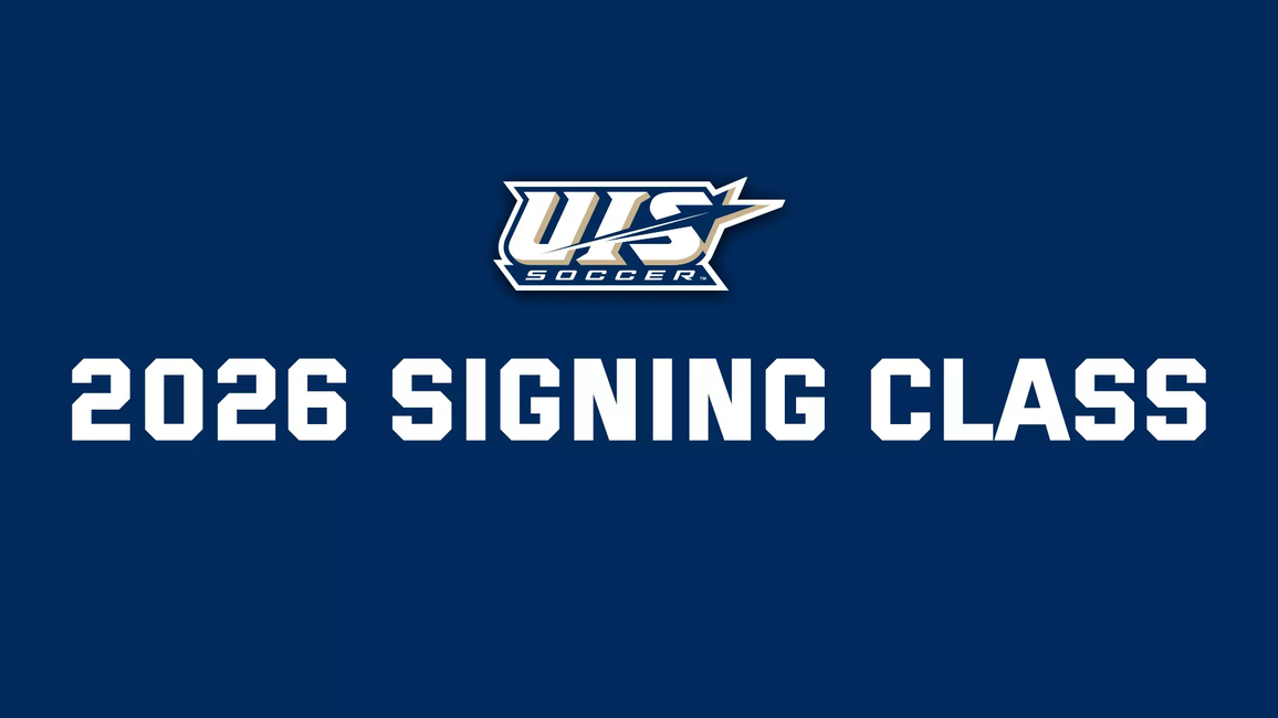 UIS Soccer 2026 Signing Class, text on blue background paired with logo
