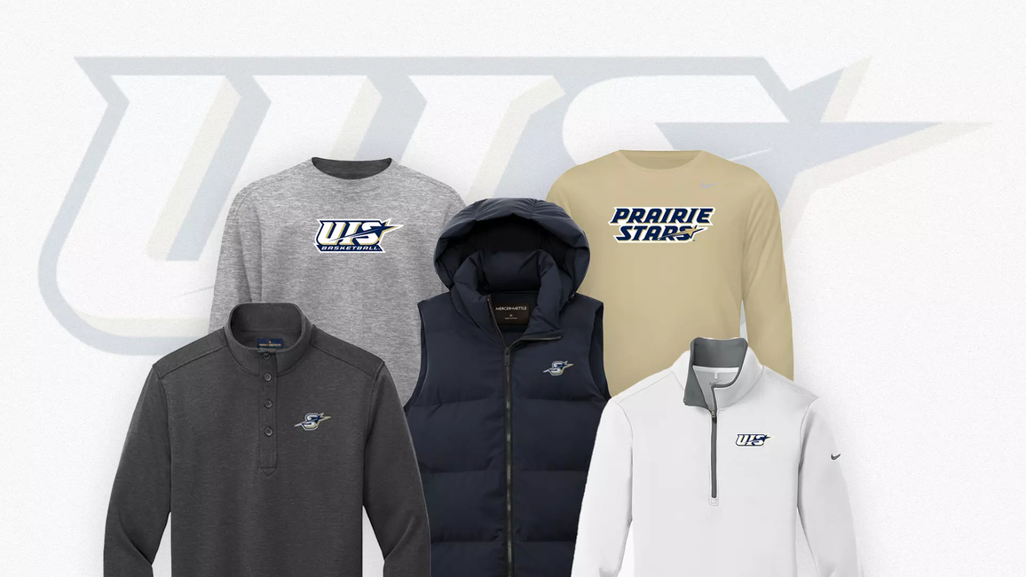 A collage of UIS gear with the UIS logo in the background