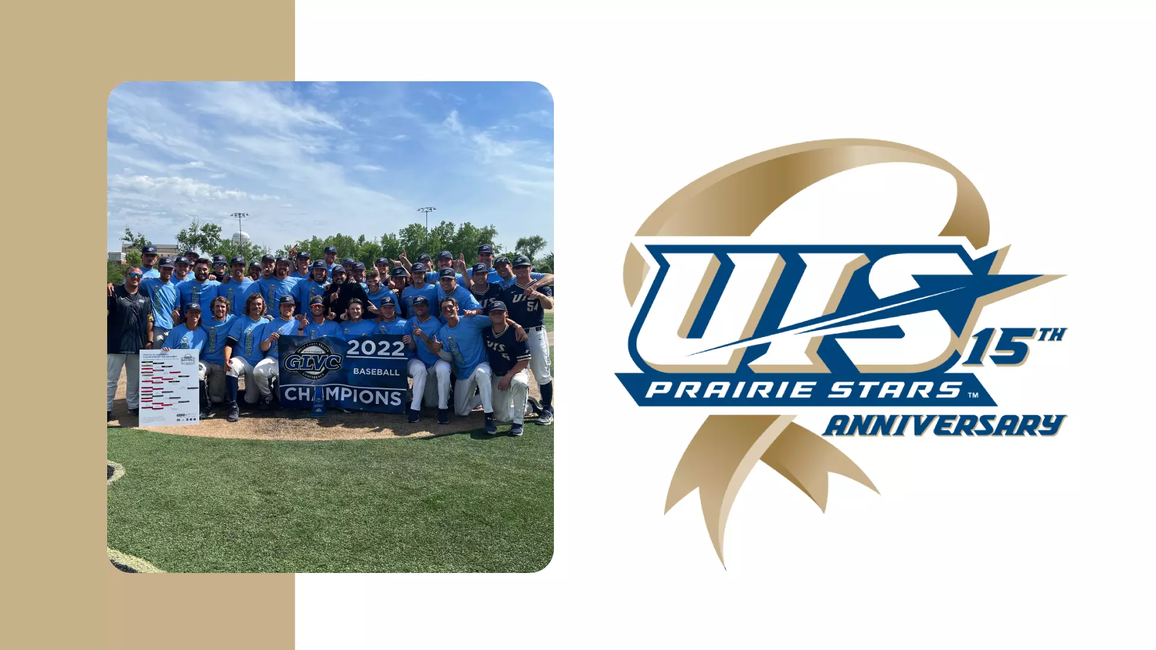 A photo of GLVC Champion UIS baseball team paired with 15 year of ncaa dii anniversary series logo