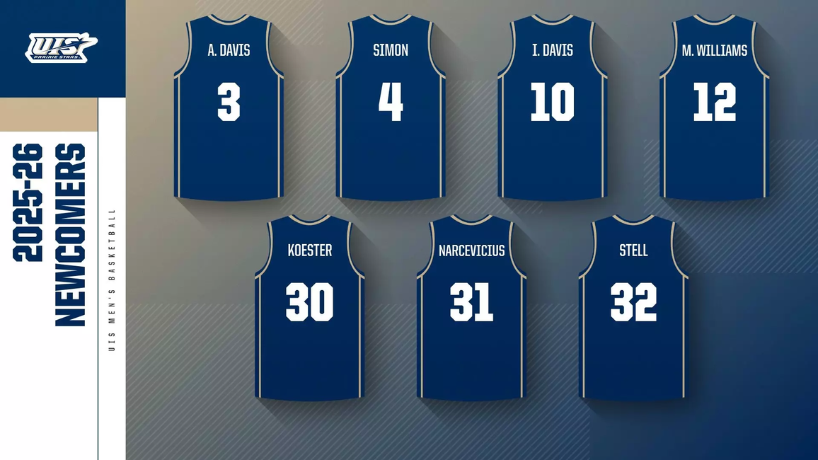 Graphic introducing the 2025–26 UIS Men’s Basketball newcomers. Seven navy jerseys with white text are displayed, each showing a player’s last name and number. Top row: A. Davis (#3), Simon (#4), I. Davis (#10), M. Williams (#12). Bottom row: Koester (#30), Narcevicius (#31), Stell (#32). On the left side, UIS Prairie Stars logo and text reads ‘2025–26 Newcomers, UIS Men’s Basketball.’"