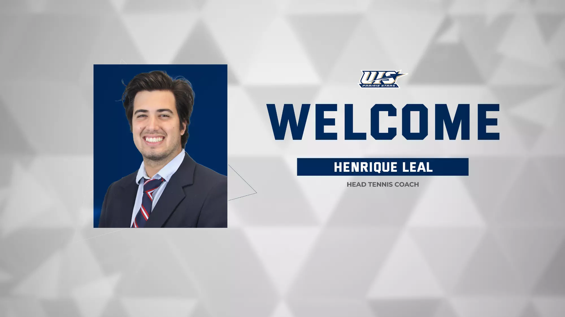 Welcome Henrique Leal, Head Tennis Coach. Headshot of Henrique, white and silver background, blue elements.