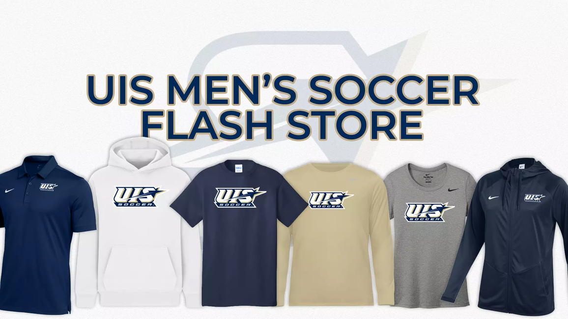 UIS Men's Soccer Team Flash Store graphic, photos of various gear in white, blue, and gold. 