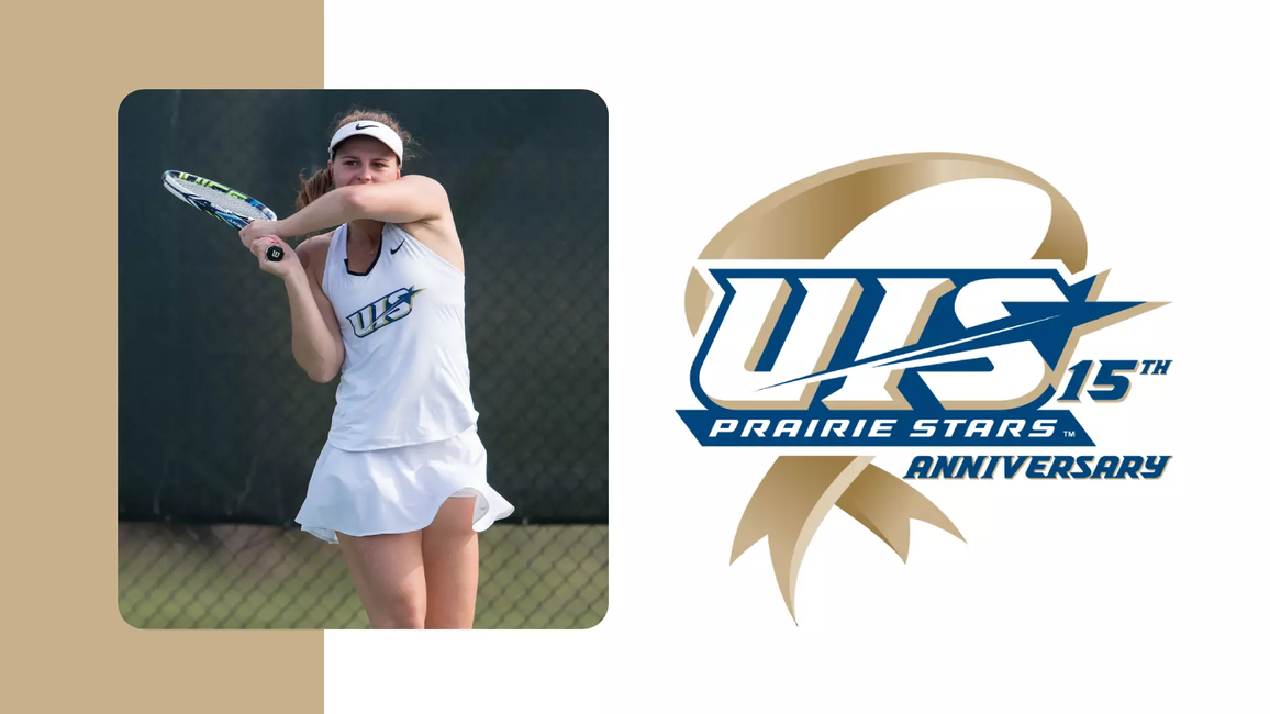 15 Years of NCAA DII logo paired with a photo of Jane Carter playing tennis