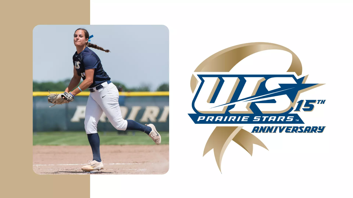 Ali Haesele pitching, paired with a logo for the 15 Years of NCAA DII anniversary series logo