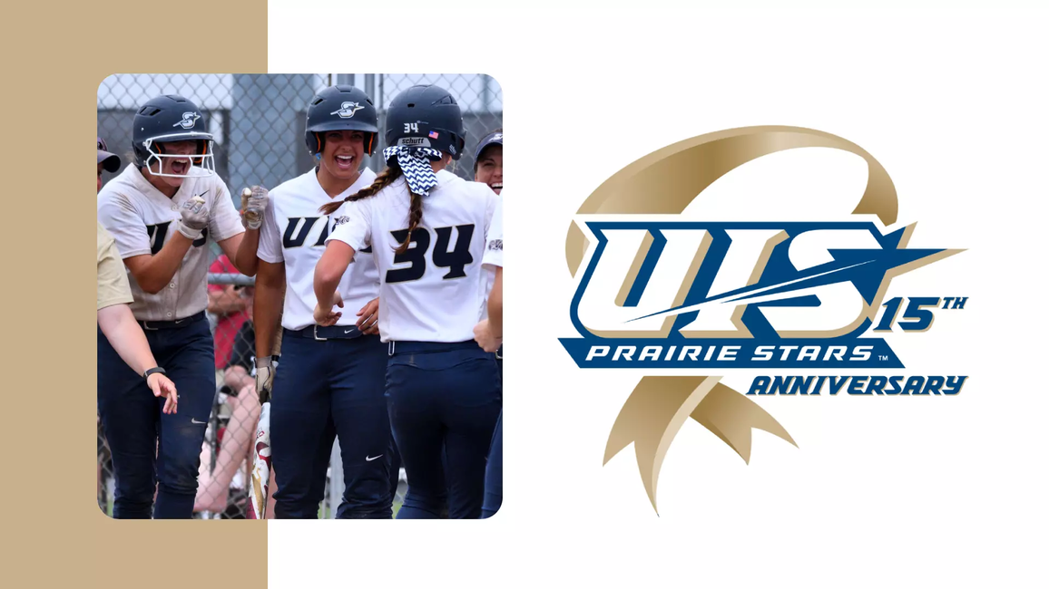 UIS softball celebration photo and 15 year anniversary of NCAA DII membership logo