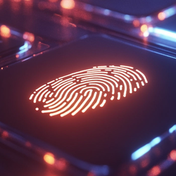 a glowing keyboard with a glowing fingerprint on one of the keys