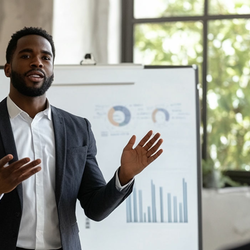 a man giving a presentation to a group of business people