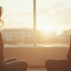two people sitting in chairs looking out a gigantic window thoughtfully