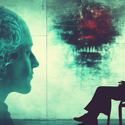 a silhouette of a therapist sitting in front of a large projection of the human mind