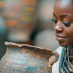 a sociology student looking at a piece of pottery