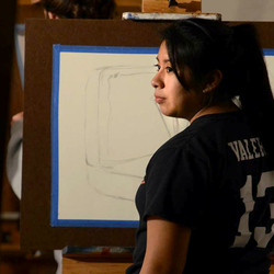 an art student looking at a still life subject while drawing it on her canvas on an easel