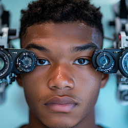 a young patient receiving an eye exam with a phoropter