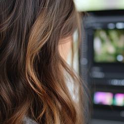 a woman at a computer editing a video