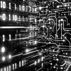 binary code and digital circuitry on the shape of a human head