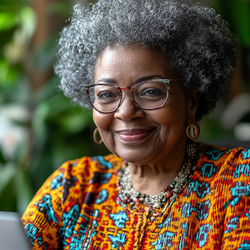 a mature woman sitting at a laptop smiling
