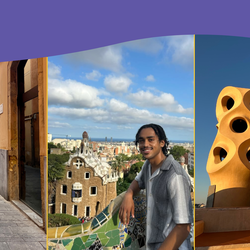 A collage of three images that a wavy purple border goes across the top of. On the right of this border, is the ISEP logo. The image on the left is of a young woman smiling on a stone road, surrounded by tall yellowish buildings. The image in the center is of a young man smiling in front of a city scape that combines old and new buildings. The image on the right is of a young woman posing in front of two beige colored sculptures.