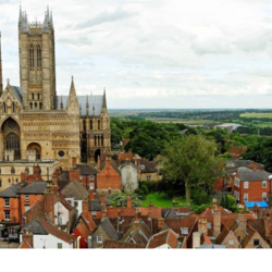 City of Lincoln, UK - large two spire cathedral with green flatlands