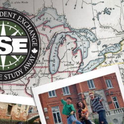 Compass with NSE logo, background of US map with postcards