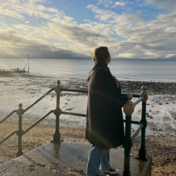 Person standing on a staircase and facing the beach below. On the left, there is a distant dock on the water and a sun beginning to set in the sky.