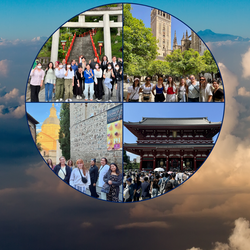 Cloud background. In the center is a collage of 4 images makes a circle. The upper left image is a group of students in front of a set of stairs. Below, is an image of students in front of a large building in Spain. The upper-right image is a group of students smiling in front of a cathedral and trees. Underneath, is an image of a traditional Japanese building.