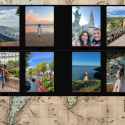 World map background. Collage of 8 vintage-framed photos: mountain landscape, student on brick fence, student at sunset beach, canal with boats, students at cathedral/fountain, student by ocean, students in cathedral, student in colorful neighborhood.