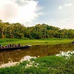 People in the Amazon river in a boat, surrounded by lush greenery under a cloudy sky.