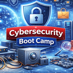 Cybersecurity theme with shield, lock, and tech devices, digital art style.