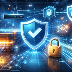 Cybersecurity graphics with shields, locks, and glowing tech symbols.