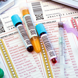 Test tubes and syringes on lab forms, next to blue gloves and laptop keyboard.