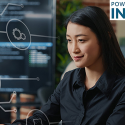 Woman in a dark room with digital graphics and "Powered by Infosec" logo.