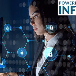 A woman at a computer with digital security icons overlay.