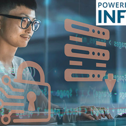 Person typing, surrounded by digital security icons, with Infosec logo in corner.