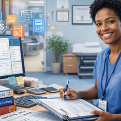 Healthcare worker smiling at desk with computer and paperwork, medical icons floating nearby.
