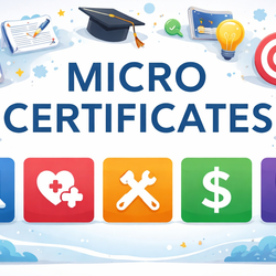 Micro certificates graphic with icons for tech, health, tools, finance, and security.