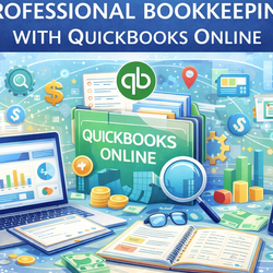 Digital illustration of bookkeeping tools, featuring laptops and tablets with financial icons.