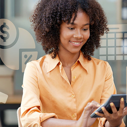 Woman in orange shirt using a tablet, financial icons overlayed.
