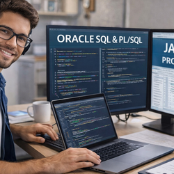 Man with headset working on multiple computer screens displaying code.