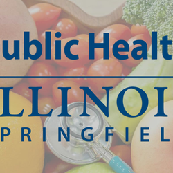 UIS Public Health Logo on top of a bowl of veggies and a stethoscope