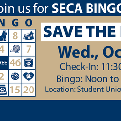 SECA Bingo event flyer, details for October 7 at Student Union Ballroom.