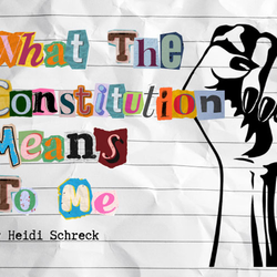 What the Constitution Means to Me text on crumpled paper with a black fist graphic.